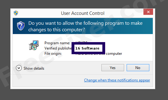 Screenshot where 16 Software appears as the verified publisher in the UAC dialog